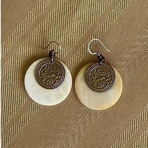Laurel Burch Vintage Bone Bronze Tone Coin‎ Dangle Earrings Art Deco Beaded Boho